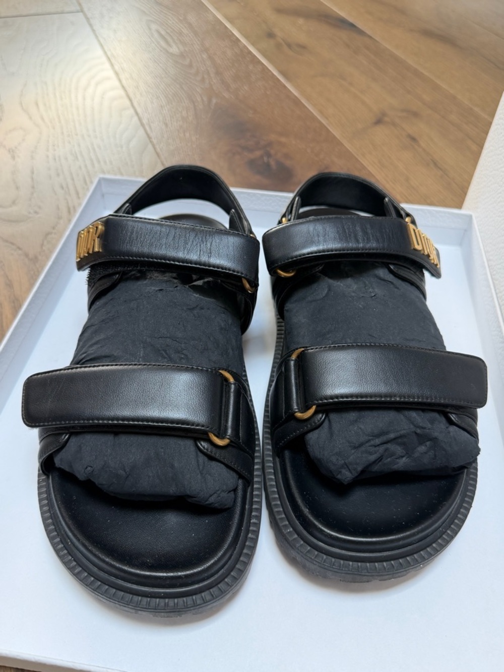 Dior Black Leather Women's Velcro Strap Sandals with Gold Hardware
